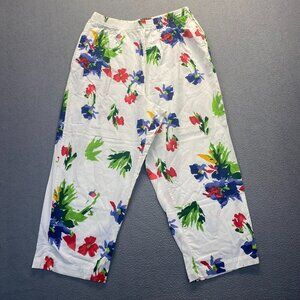 Womens Pull on Capri‎ Elastic Waist Red White Blue Floral Pants Large,Pockets